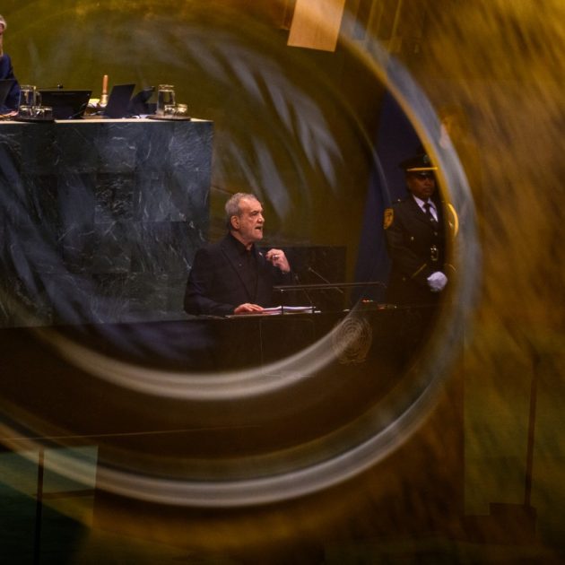 NEW YORK, NEW YORK - SEPTEMBER 23:  (EDITOR'S NOTE: Image was captured in camera using a reflection on a mobile device) President of Iran Masoud Pezeshkian speaks during the 81st session of the United Nations (U.N.) General Assembly at U.N. Headquarters on September 23, 2026 in New York City. World leaders have gathered in New York for the annual session of the United Nations General Assembly, with this year's global issues ranging from the threat of artificial intelligence to the continued wars in Ukraine, Iran and Gaza. Alexi J. Rosenfeld/Getty Images/AFP (Photo by Alexi J. Rosenfeld / GETTY IMAGES NORTH AMERICA / Getty Images via AFP)